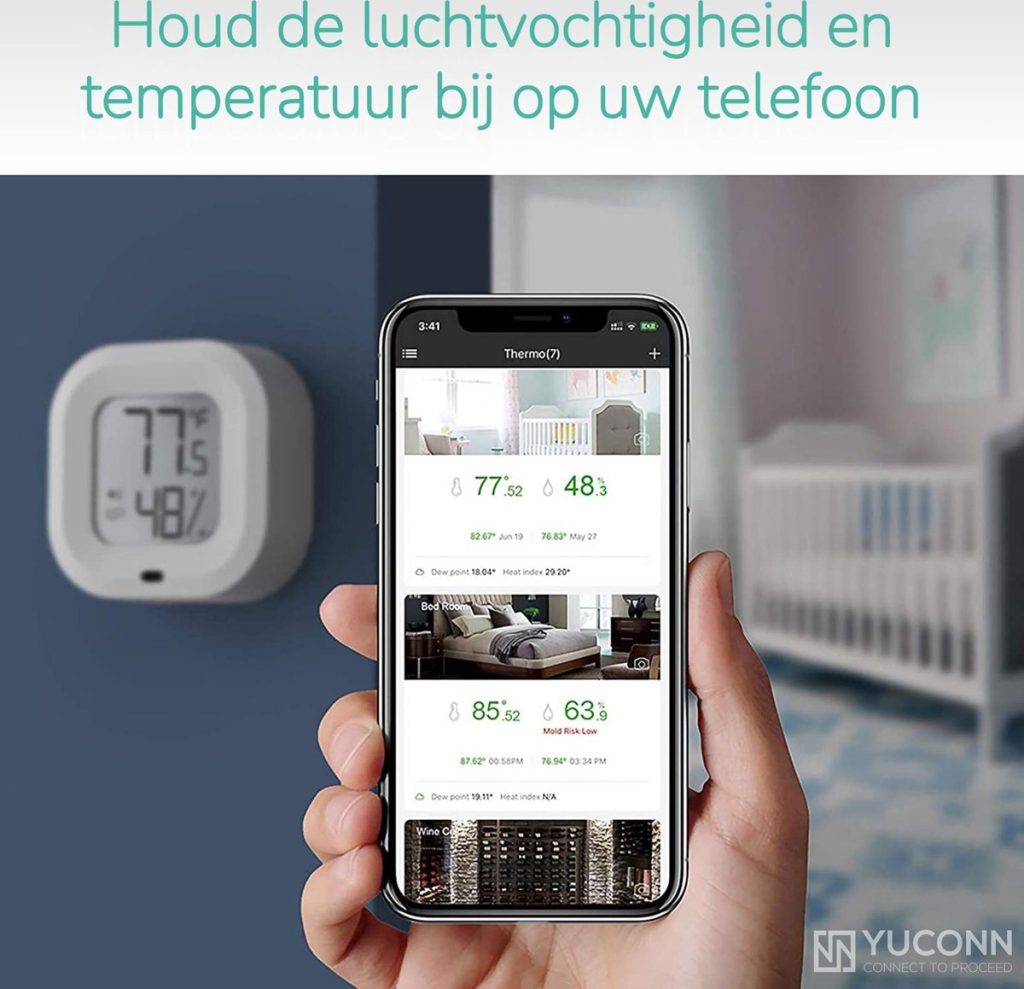 YUCONN Hygrometer Bluetooth - Thermometer binnen en buiten - Weerstation Draadloos - Luchtvochtigheidsmeter binnen en buiten - Digitaal gratis app